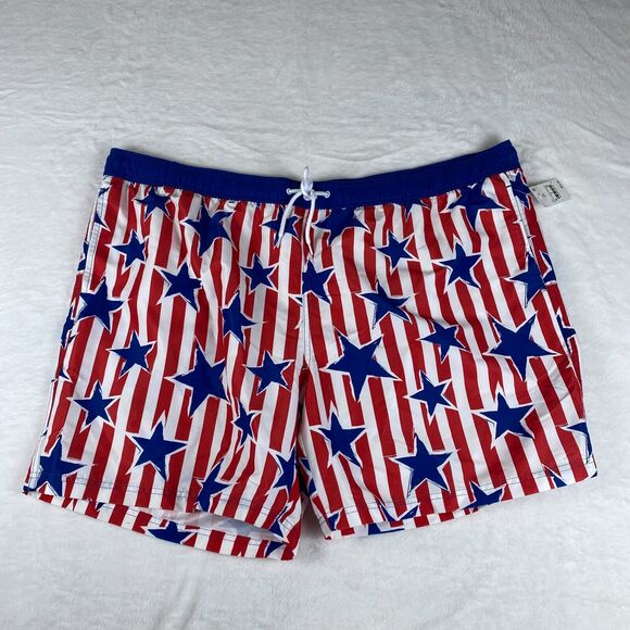 Mad Engine Swim Shorts Mens 2XL Blue Red Star Print Striped Americana Drawstring - Picture 3 of 5